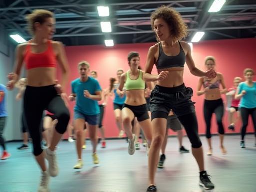 Energetic group fitness class in progress with multiple participants
