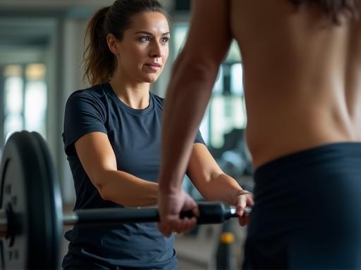 Trainer assisting client with weights during a personal training session