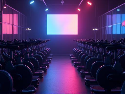Spin class studio with multiple stationary bikes ready for a class
