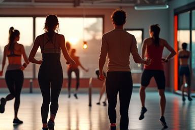 Diverse group fitness class actively participating in a workout